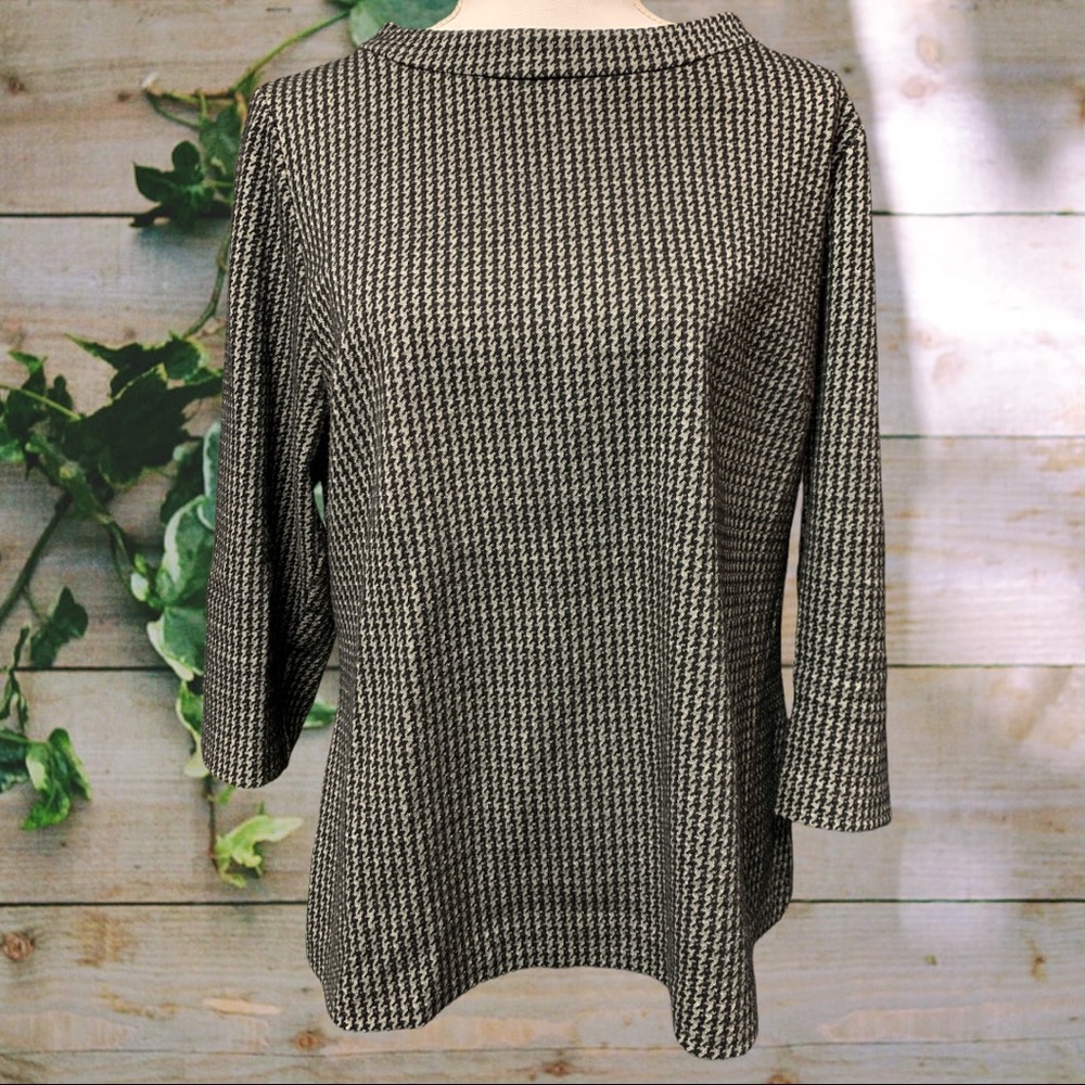 Boden gray black houndstooth print 3/4 sleeve cotton top opal Jersey jacquard